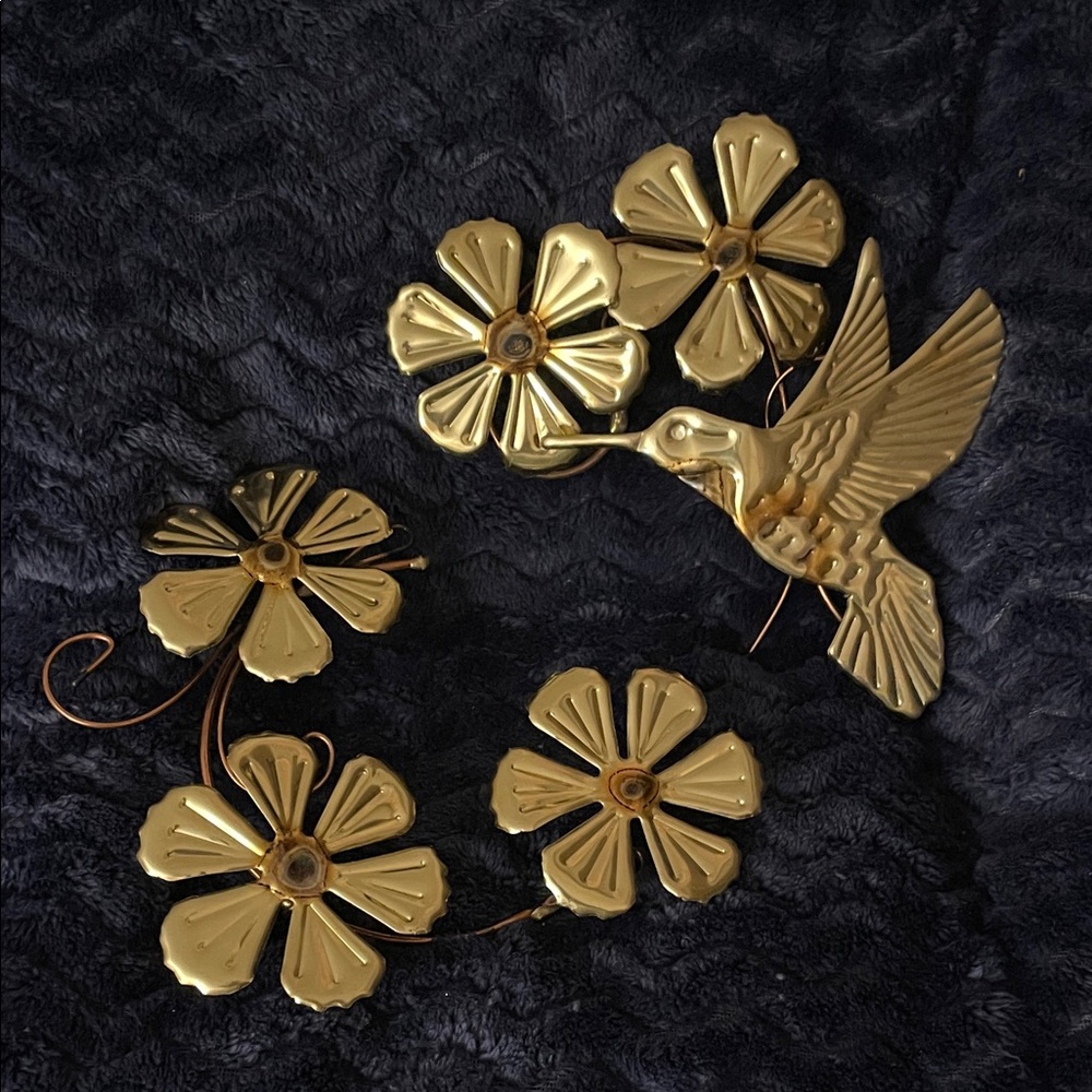 Vintage MCM 2 Piece Hummingbird and Flowers Gold Toned 3D Metal Wall Decor